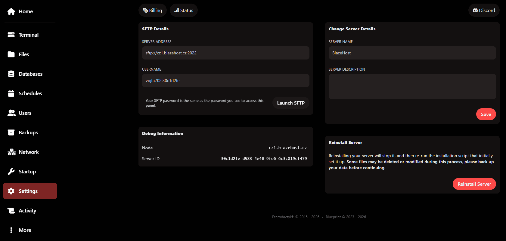 Minecraft server backup management in the panel