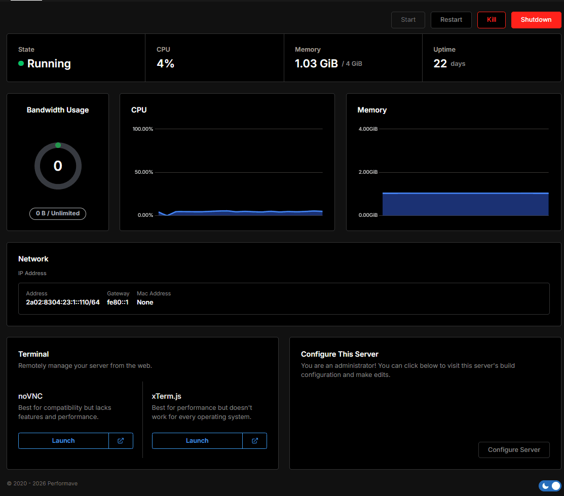 Virtual server overview in the VPS panel