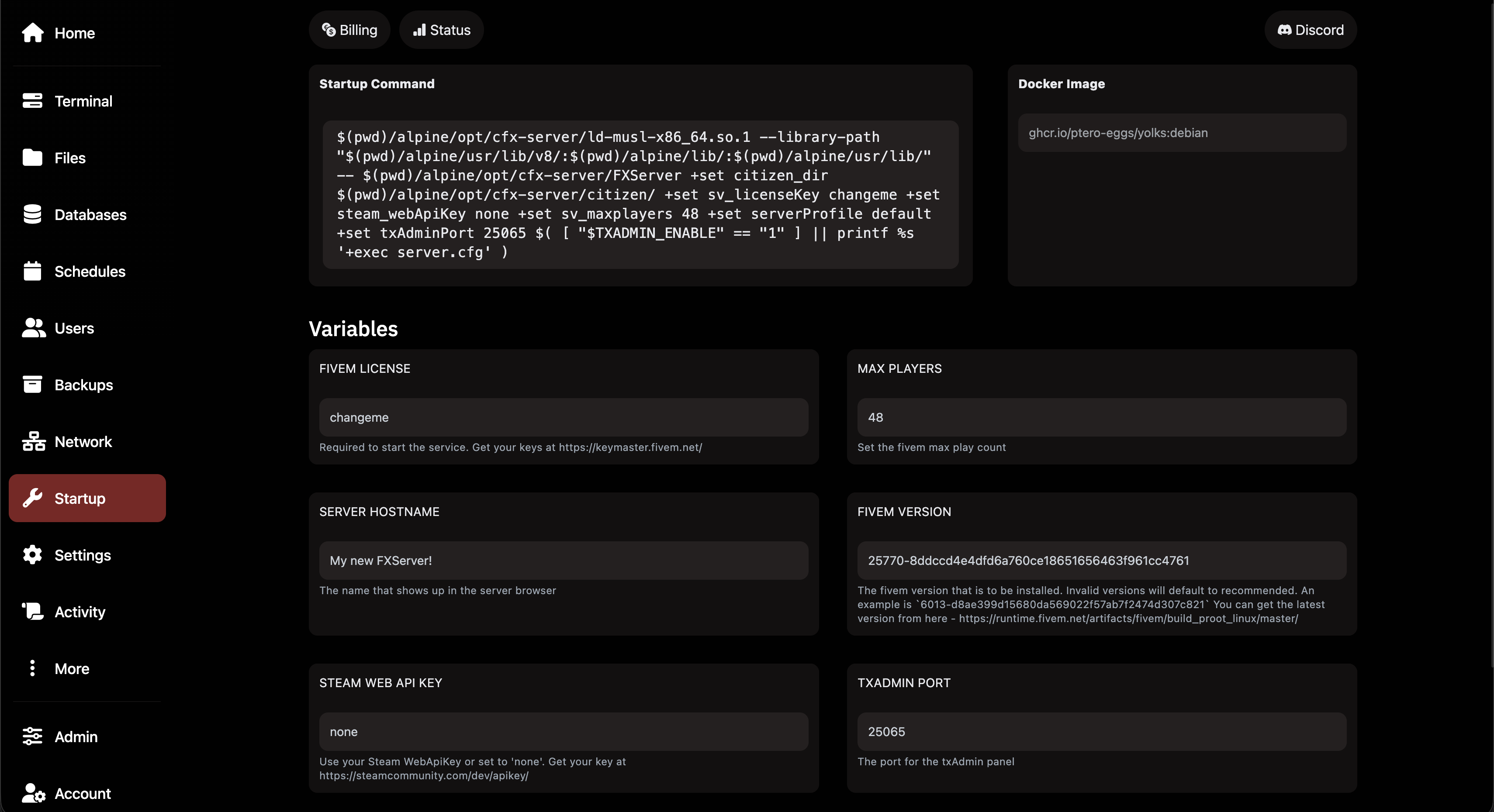 Startup tab – list of variables: FIVEM LICENSE (changeme), MAX PLAYERS (48), SERVER HOSTNAME (My new FXServer!), FIVEM VERSION (long hash identifier), STEAM WEB API KEY (none), TXADMIN PORT (25065). At the top Startup Command and Docker Image.