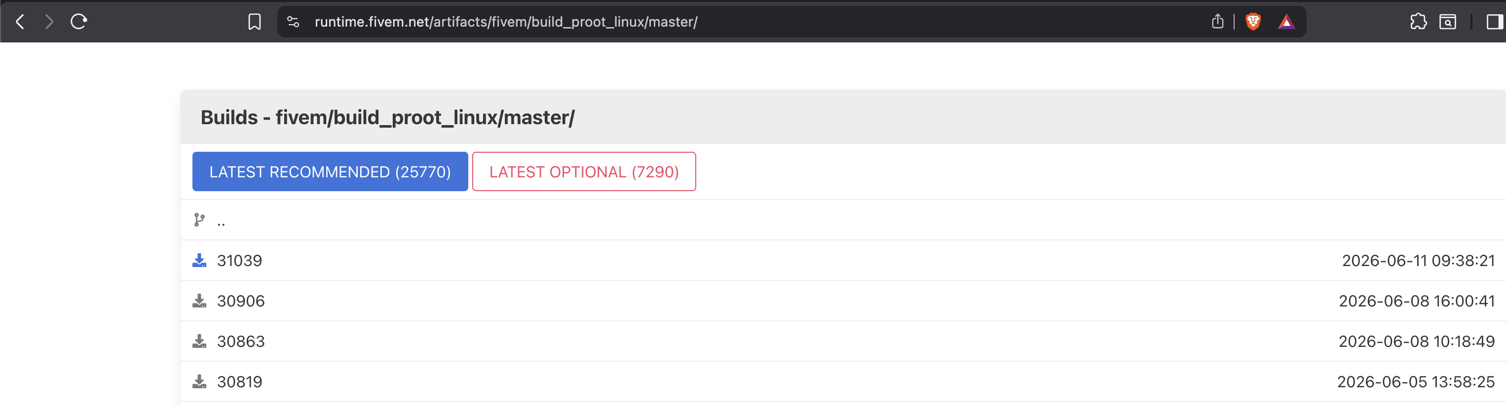 Browser at runtime.fivem.net/artifacts/fivem/build_proot_linux/master/ – blue LATEST RECOMMENDED (25770) button and red LATEST OPTIONAL (7290) button at top. Below a list of builds: 31039 from 2026-06-11, 30906, 30863, 30819.