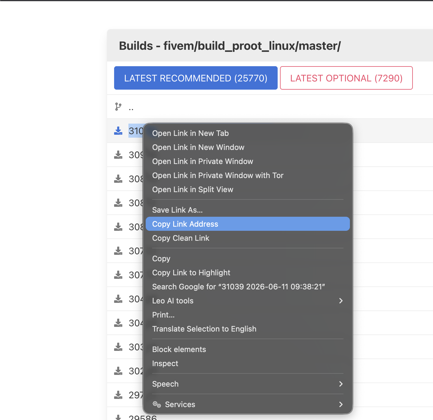 Right-click on build 31039 link on the artifacts page – browser context menu shown with Copy Link Address highlighted.