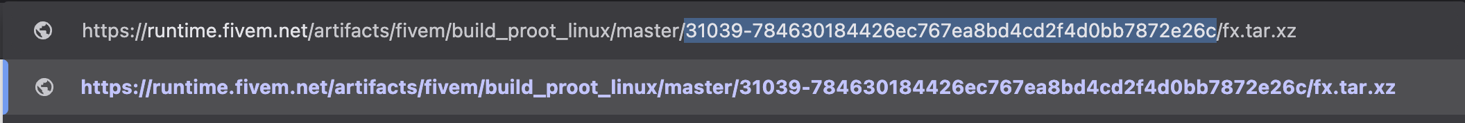 Browser address bar with the full URL highlighted: https://runtime.fivem.net/artifacts/fivem/build_proot_linux/master/31039-784630184426ec767ea8bd4cd2f4d0bb7872e26c/fx.tar.xz – the build identifier is visible in the URL.
