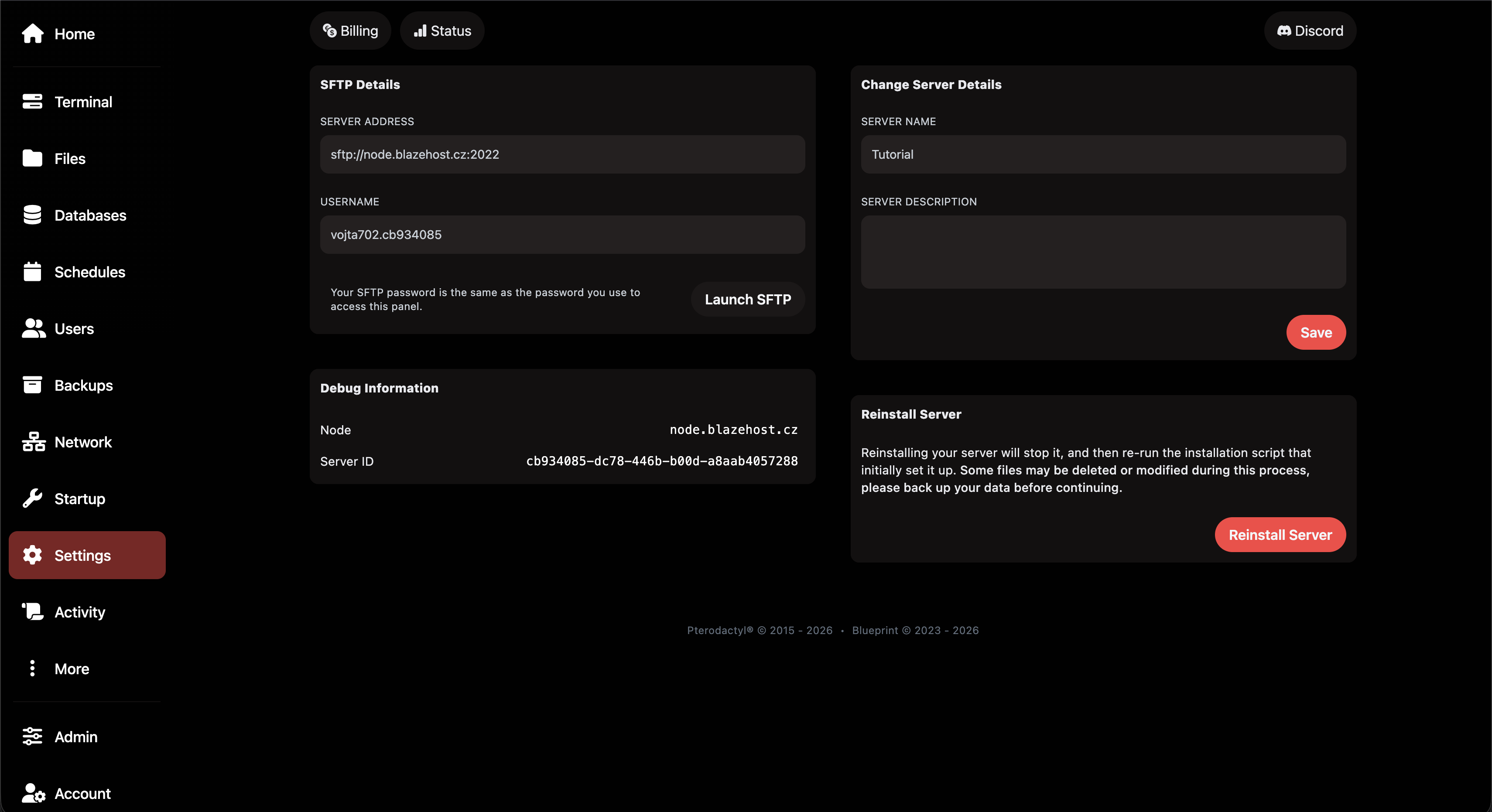 Settings tab – left side shows SFTP Details (address sftp://node.blazehost.cz:2022, username) and Debug Information. Right side shows Change Server Details (Server Name: Tutorial) and Reinstall Server section with red Reinstall Server button.