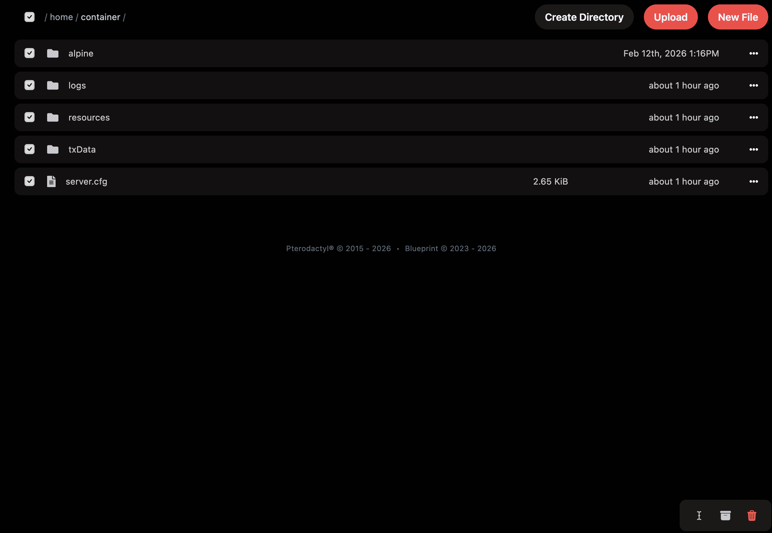 Files tab – server root directory with folders alpine, logs, resources, txData and file server.cfg. Context menu open showing Rename, Move, Permissions, Duplicate, Archive, Download, Delete options.