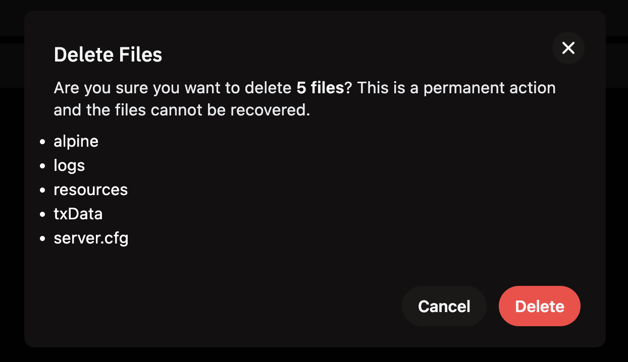 Delete Files dialog – confirming deletion of 5 files: alpine, logs, resources, txData, server.cfg. Text: This is a permanent action and the files cannot be recovered. Cancel and Delete buttons.