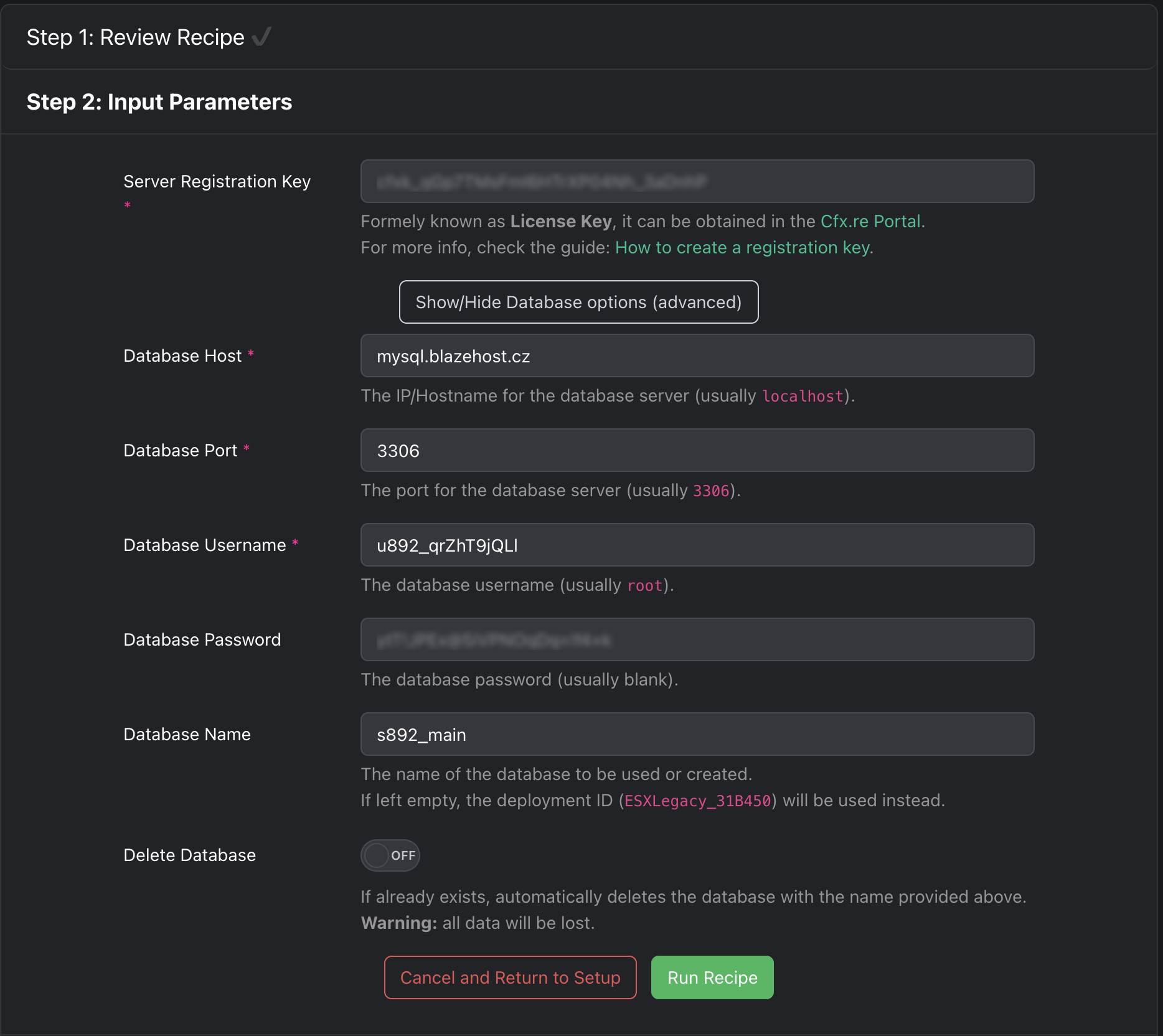 Input Parameters – Server Registration Key, Database Host mysql.blazehost.cz, Port 3306, Username, Password, Database Name