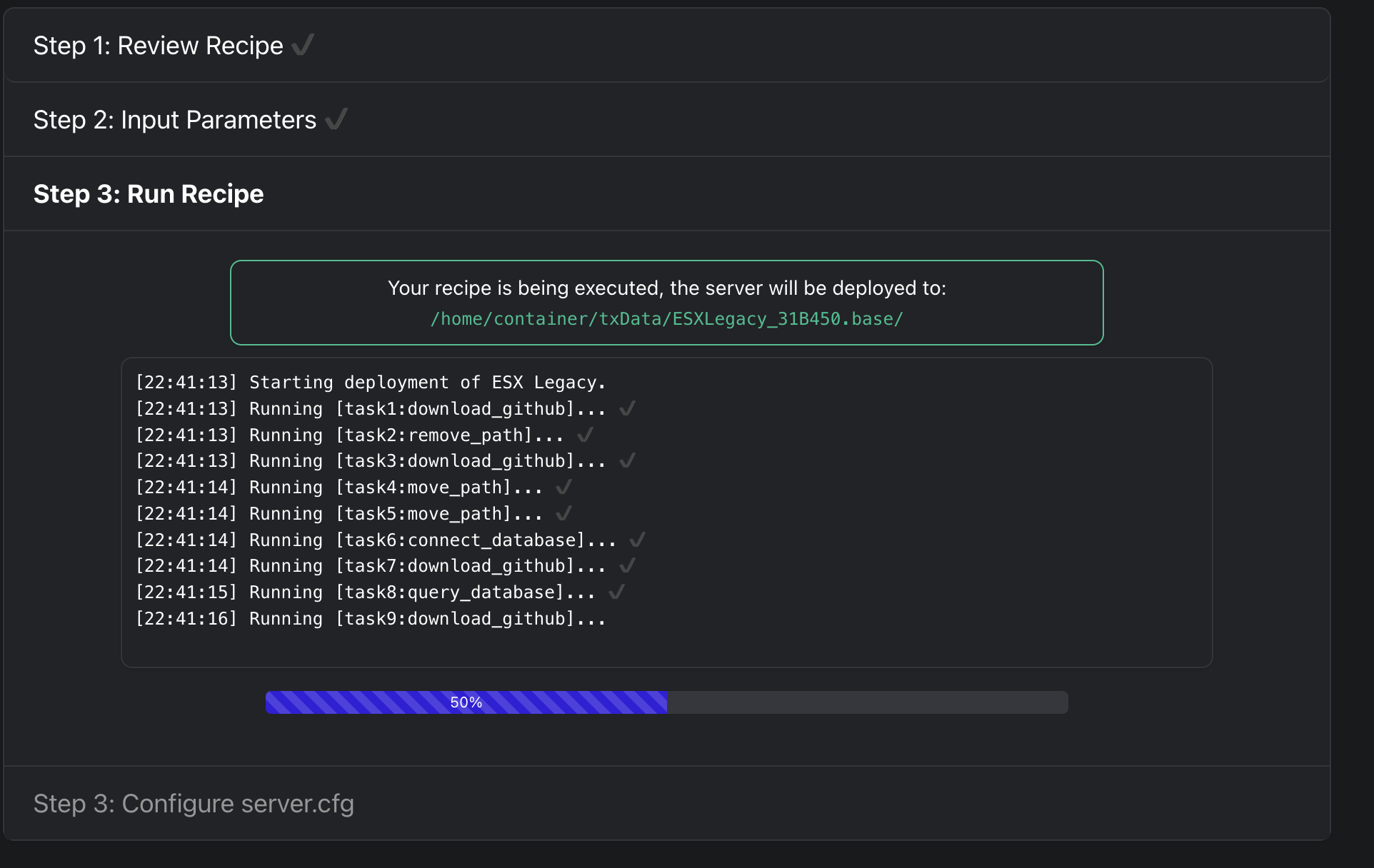 Run Recipe – deployment progress at 80%, task list