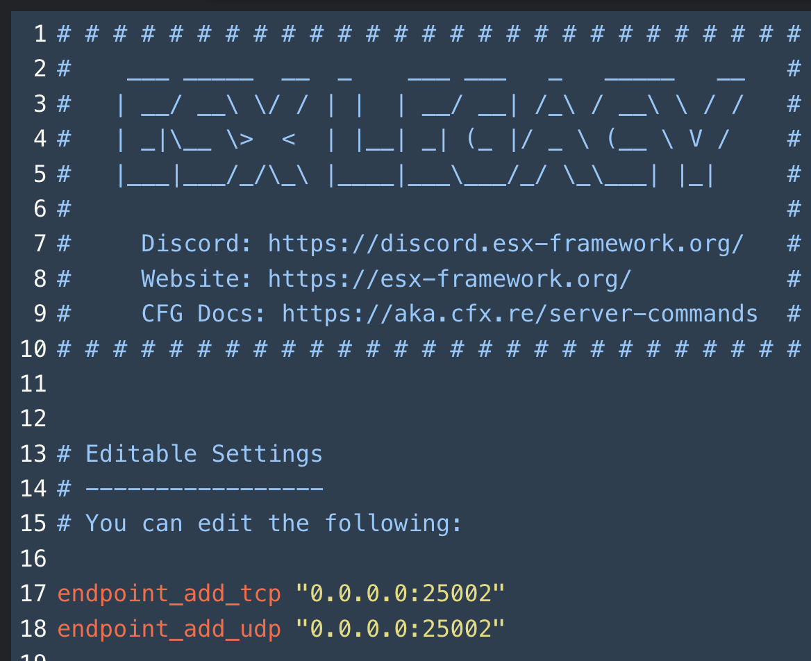 server.cfg – ESX Framework header, endpoint_add_tcp and endpoint_add_udp