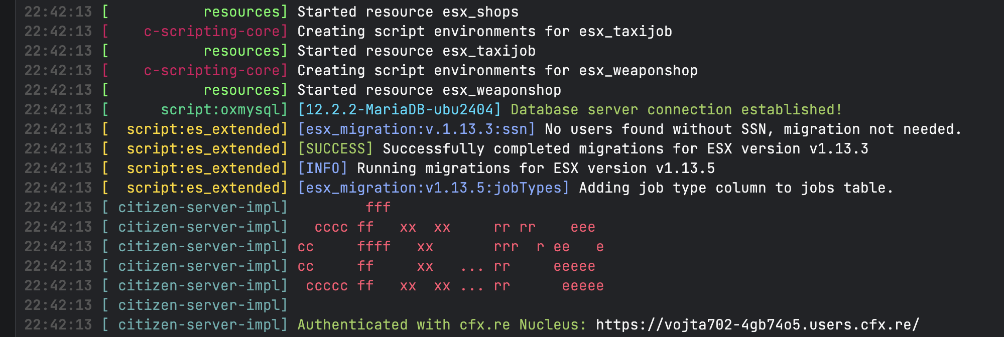 Console – oxmysql connected, ESX migrations, cfx.re authentication
