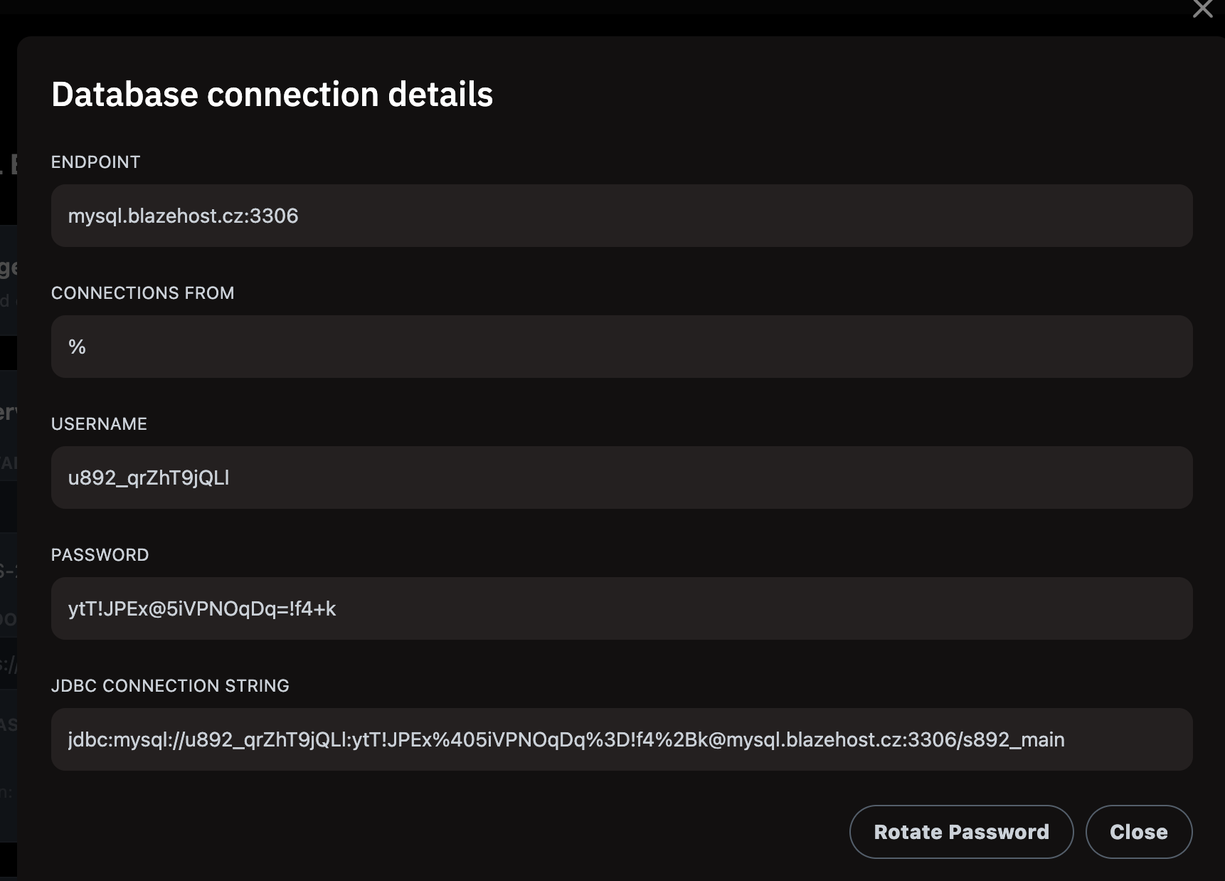 Database connection details – endpoint mysql.blazehost.cz:3306, username, password, JDBC string