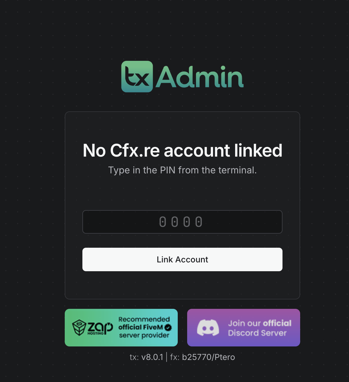 txAdmin login page – PIN code entry