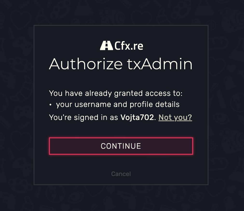 Cfx.re – Authorize txAdmin, logged in as Vojta702