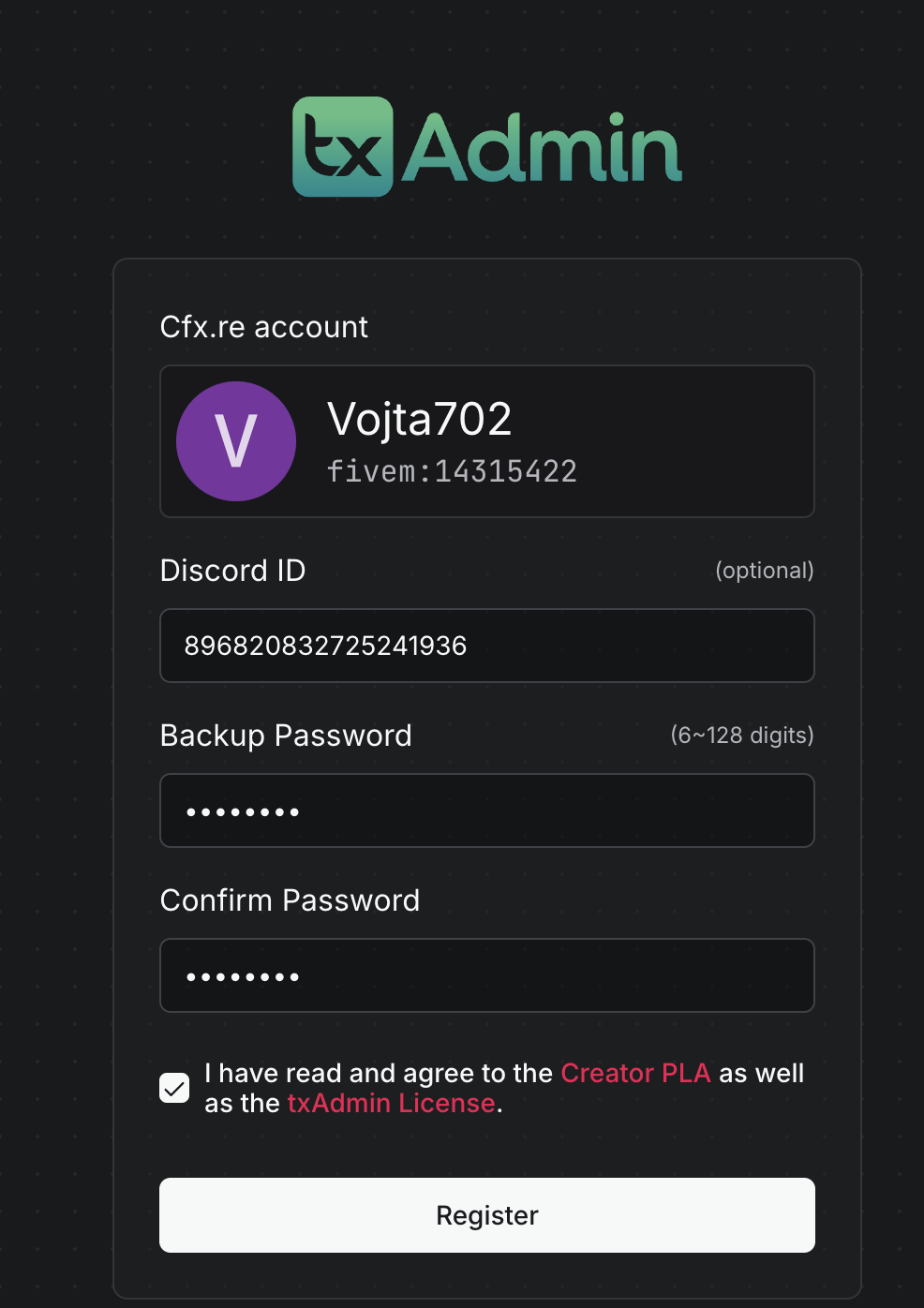 txAdmin registration – Cfx.re account, Discord ID, backup password