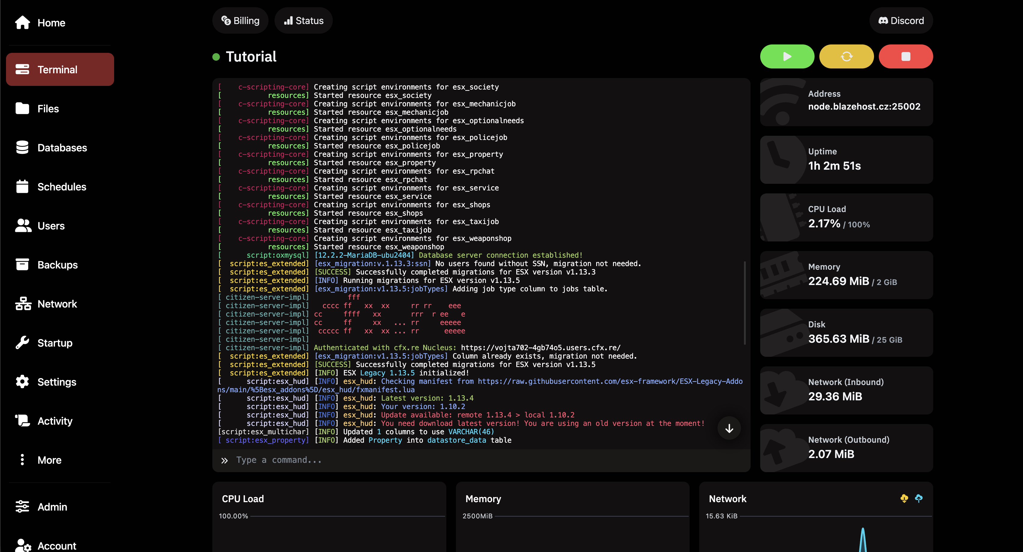 Terminal tab – server Tutorial is running (Online), console shows live ESX resource loading logs. Top right stats: CPU 2.17%, memory 224.69 MiB / 2 GiB, disk 365.63 MiB / 20 GB, network 29.36 MiB in / 2.07 MiB out. Connection address: node.blazehost.cz:25002, uptime 1h 2m 51s.