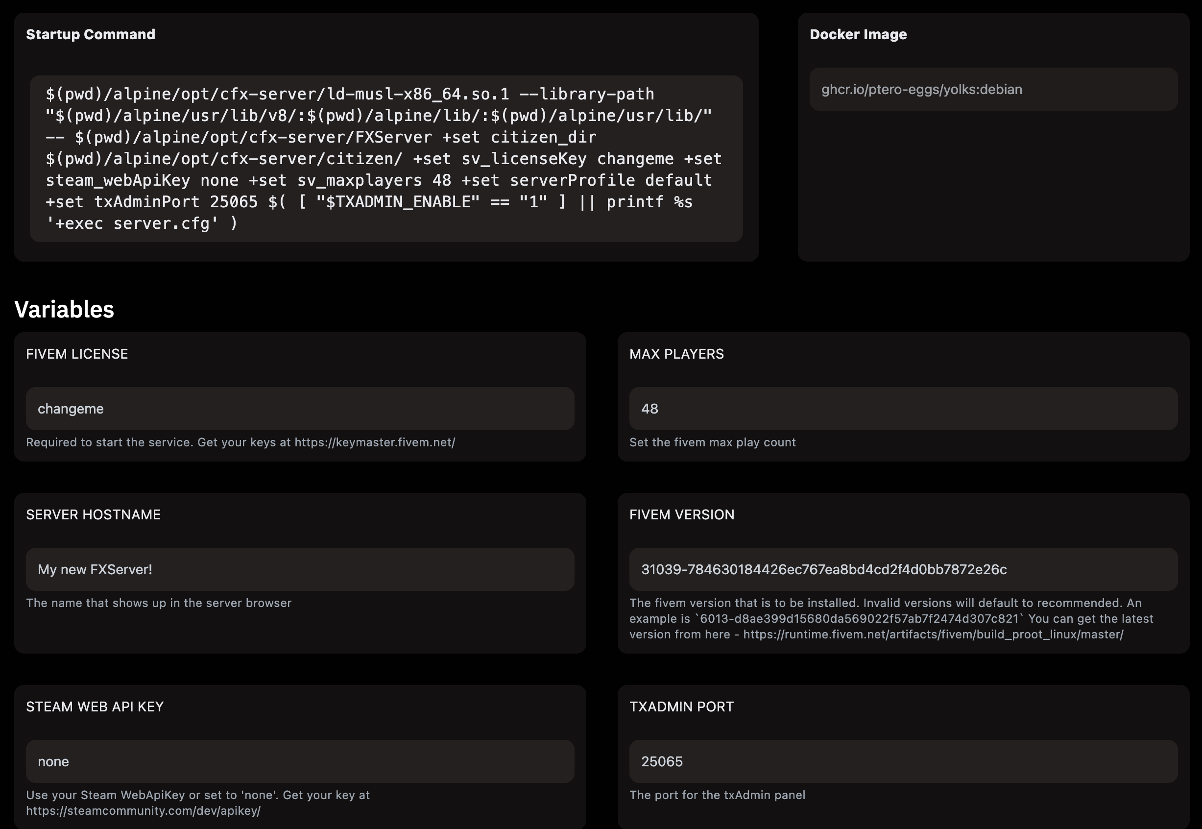 Startup tab – at the top Startup Command and Docker Image (ghcr.io/ptero-eggs/yolks:debian). Variables section: FIVEM LICENSE (changeme), MAX PLAYERS (48), SERVER HOSTNAME (My new FXServer!), FIVEM VERSION (31039-784630184426ec767ea8bd4cd2f4d0bb7872e26c), STEAM WEB API KEY (none), TXADMIN PORT (25065).