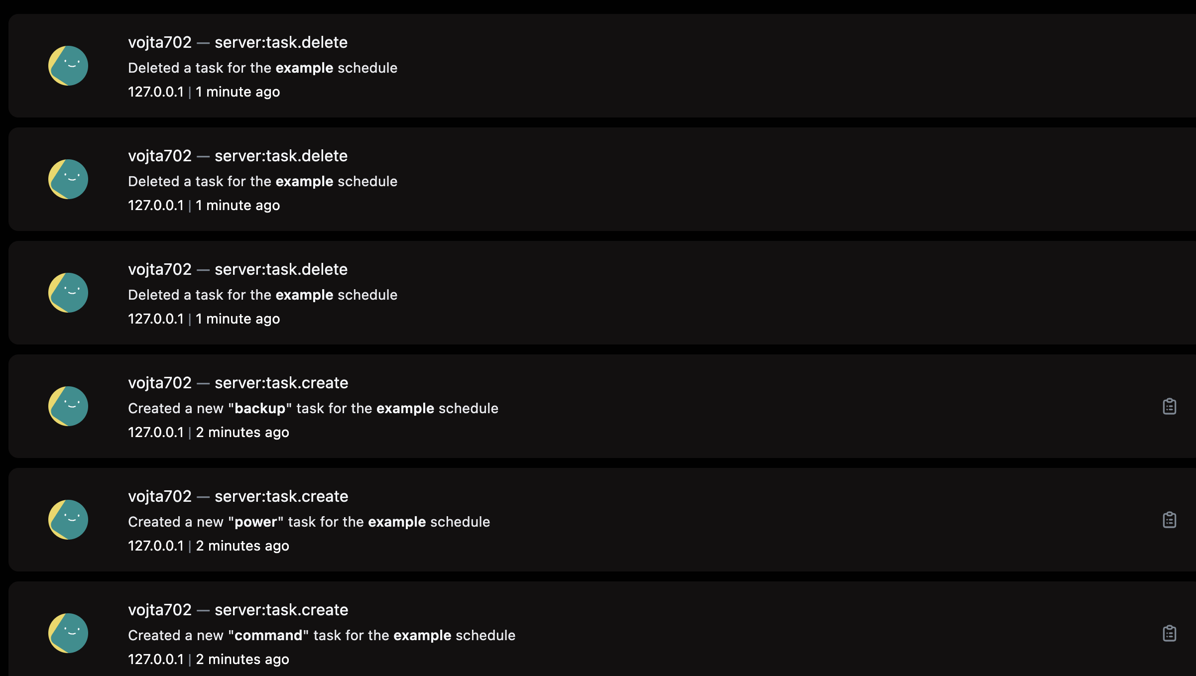 Activity tab – list of actions: vojta702 → server:task.delete (3×, deleted tasks from example schedule), vojta702 → server:task.create backup (created backup task), vojta702 → server:task.create power (created power action), vojta702 → server:task.create command (created command task). All actions from IP 127.0.0.1, 1–2 minutes ago.