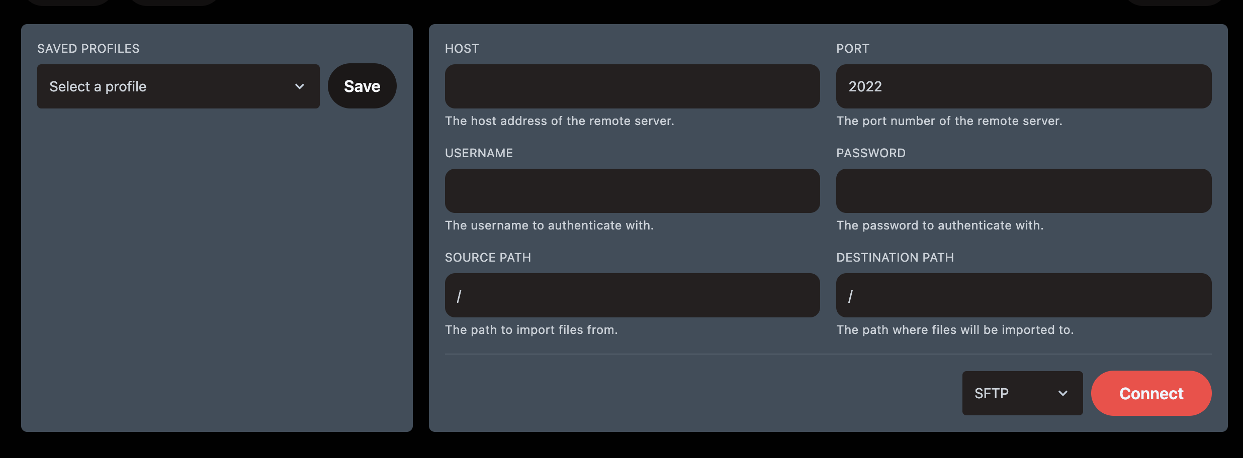Browser-based SFTP client dialog – fields: SAVED PROFILES, HOST, PORT (2022), USERNAME, PASSWORD, SOURCE PATH (/), DESTINATION PATH (/). SFTP dropdown and Connect button.