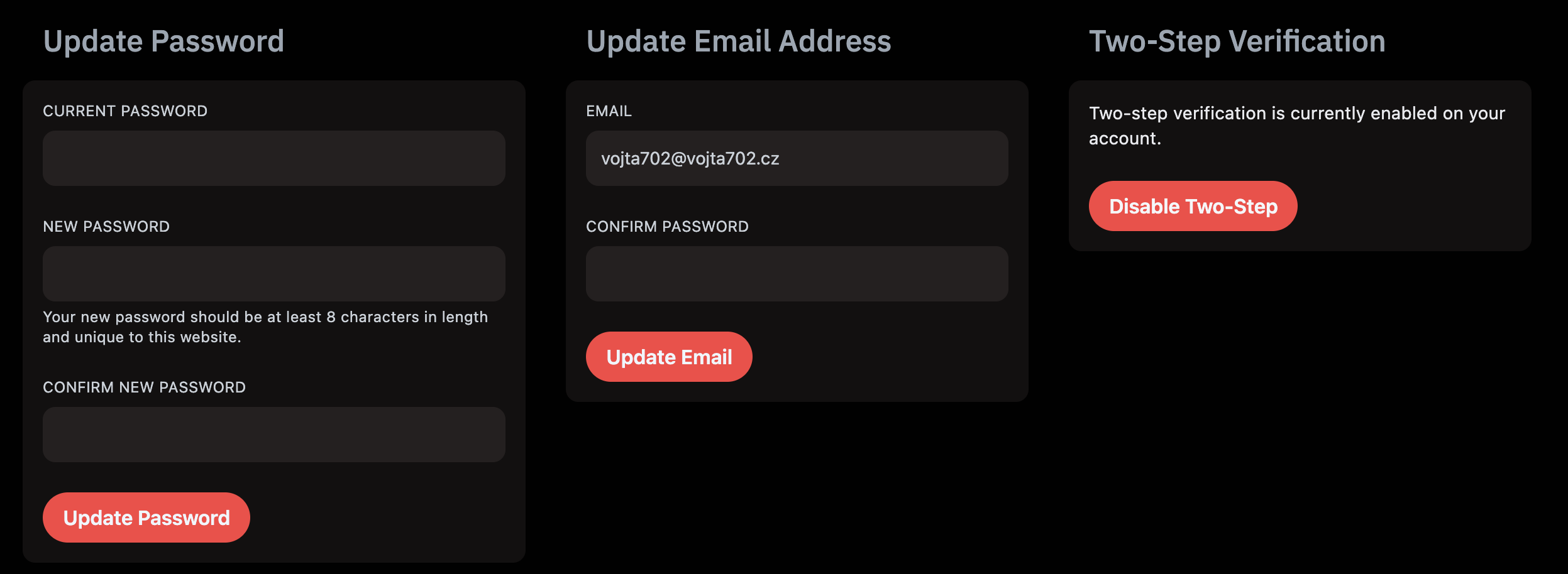 Account page – Update Password section (Current Password, New Password, Confirm Password fields, Update Password button). Update Email Address section (current email vojta702@vojta702.cz, Update Email button). Two-Step Verification section – status: enabled, Disable Two-Step button.