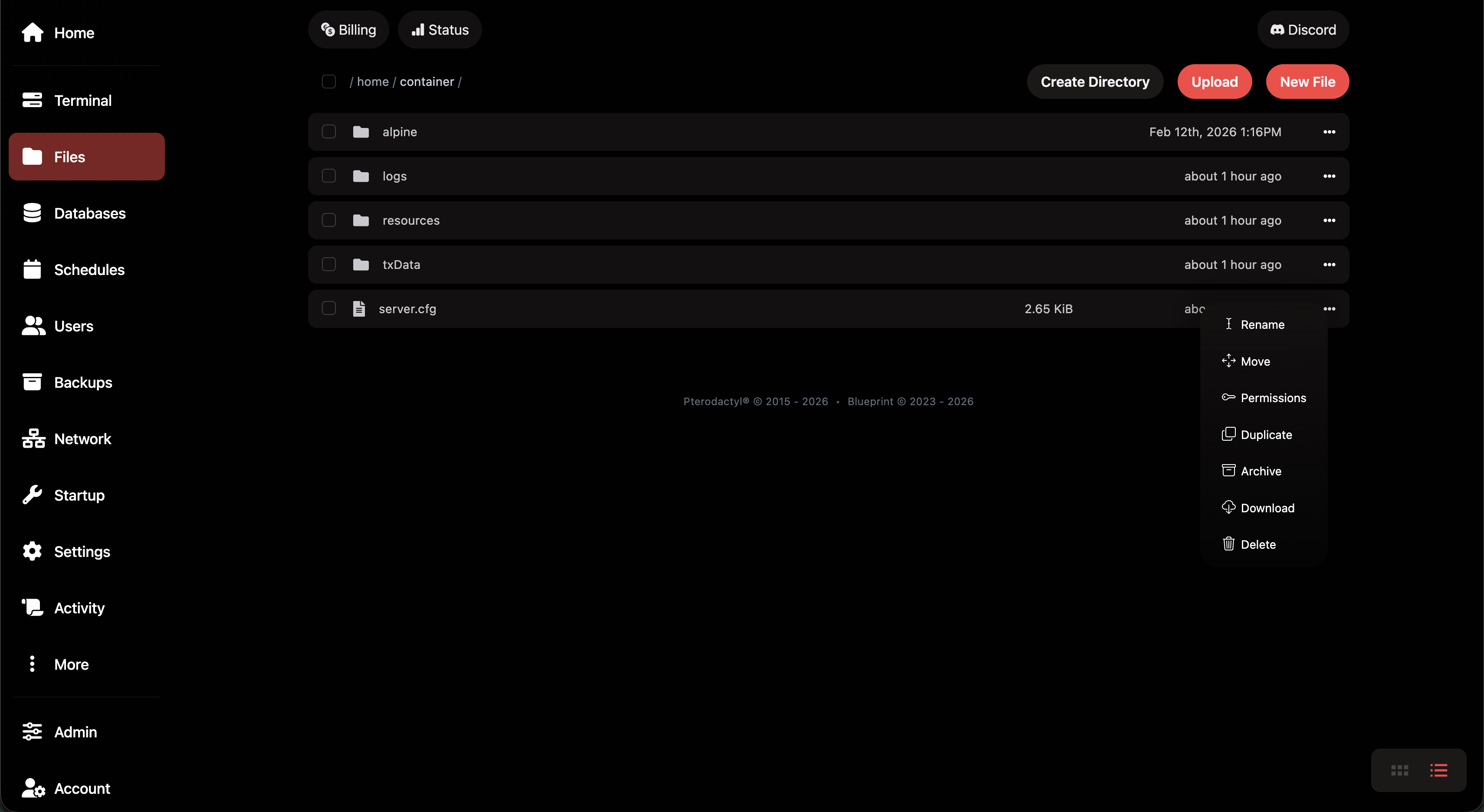 Files tab – root directory /home/container/ with folders alpine (Feb 12th 2026), logs, resources, txData and file server.cfg (2.65 KiB). Context menu open on server.cfg showing options: Rename, Move, Permissions, Duplicate, Archive, Download, Delete.