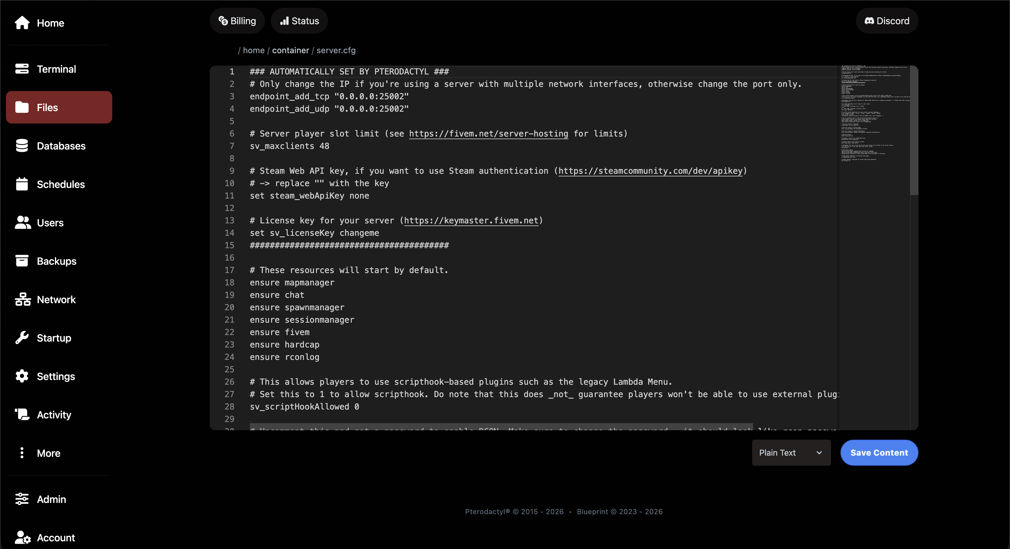 Files tab – server.cfg open in the inline editor. Content: endpoint_add_tcp/udp 0.0.0.0:25082, sv_maxclients 48, steam_webApiKey none, sv_licenseKey changeme, ensure nopixellib, chat, spawnmanager, mysql-async, fivem, hardcap, rconlog, sv_scriptHookAllowed 0. Save Content button on the right.