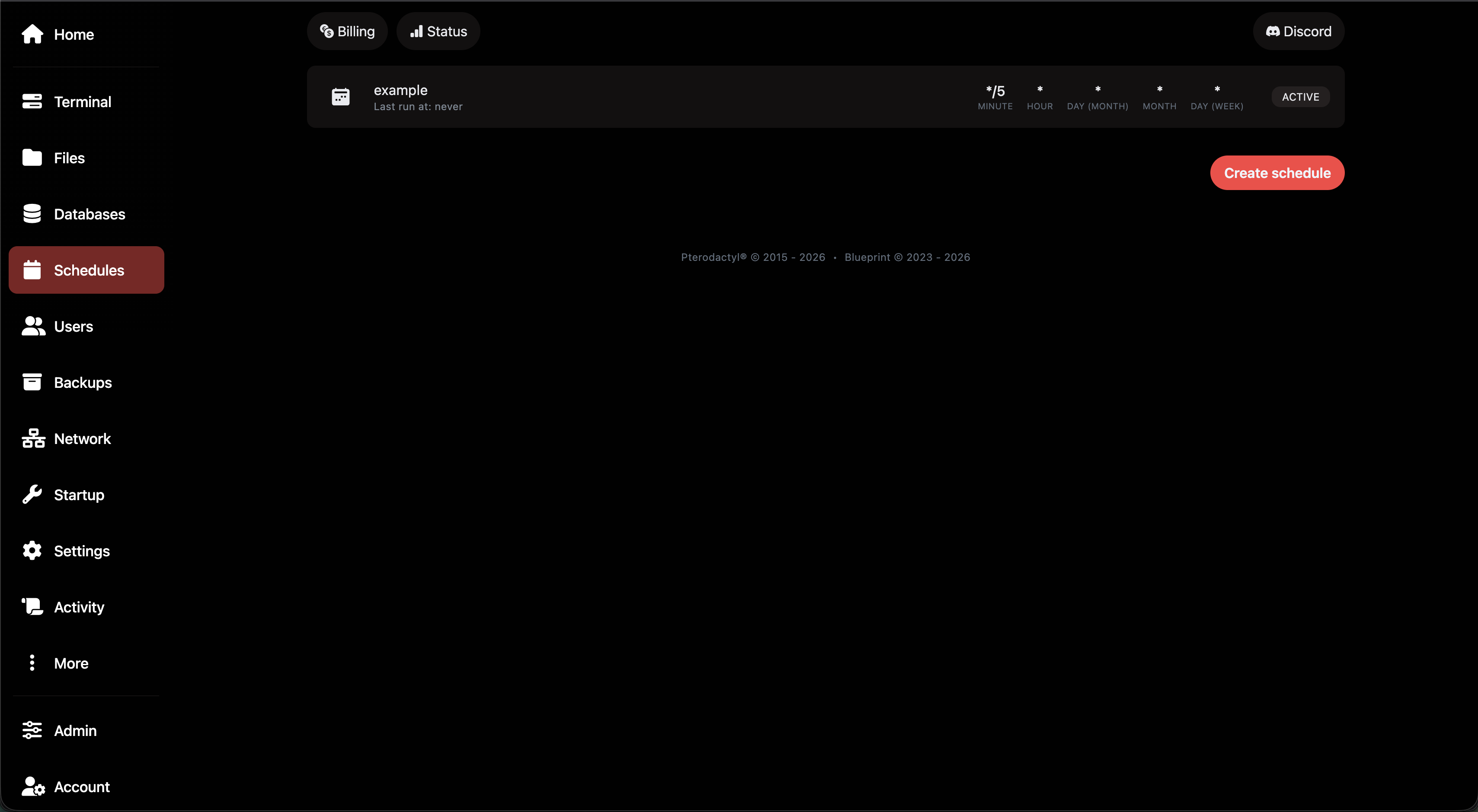 Schedules tab – overview of plans. Schedule example with status ACTIVE, Cron expression: */5 MINUTE * HOUR * DAY(MONTH) * MONTH * DAY(WEEK), Last run at: never. Create schedule button.