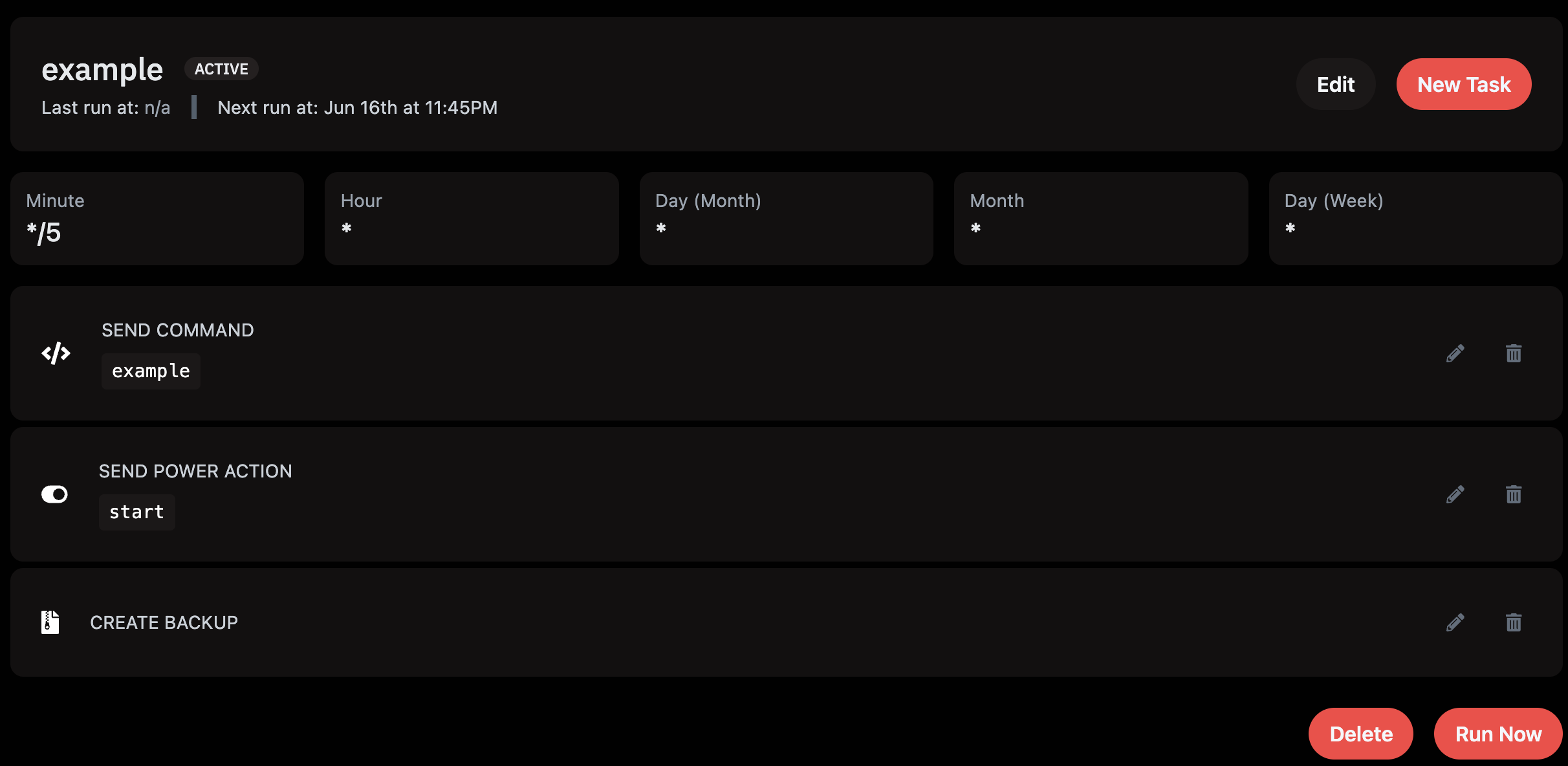 Schedule detail for example – status ACTIVE, Cron: Minute */5, Hour *, Day(Month) *, Month *, Day(Week) *. Next run: Jun 16th at 11:45PM. Three tasks: SEND COMMAND with command example, SEND POWER ACTION start, CREATE BACKUP. Edit, New Task, Delete, Run Now buttons.