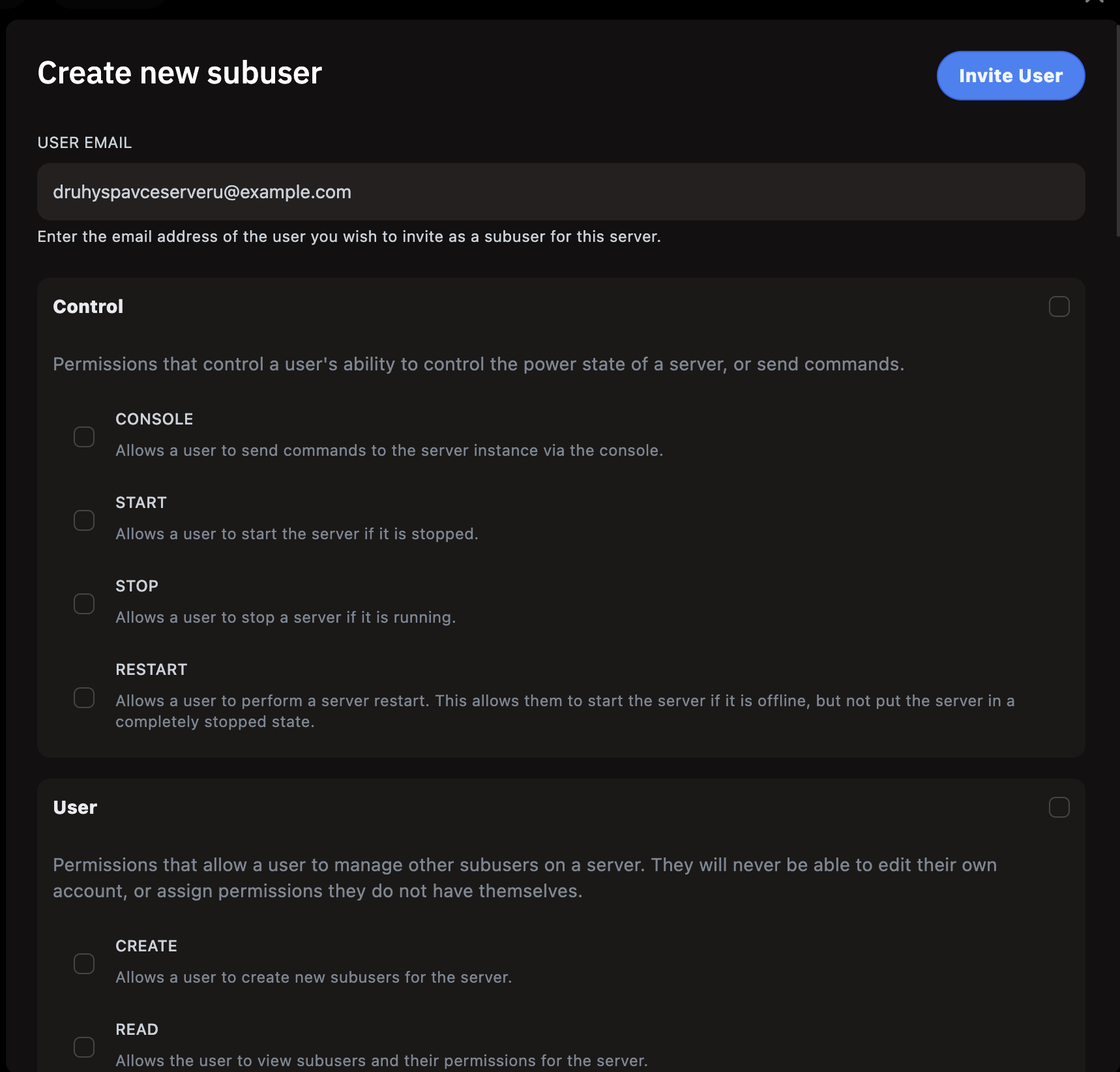 Create new subuser modal – USER EMAIL field: druhyspavceserveru@example.com. Control section: toggles CONSOLE, START, STOP, RESTART (all unchecked). User section: toggles CREATE, READ.
